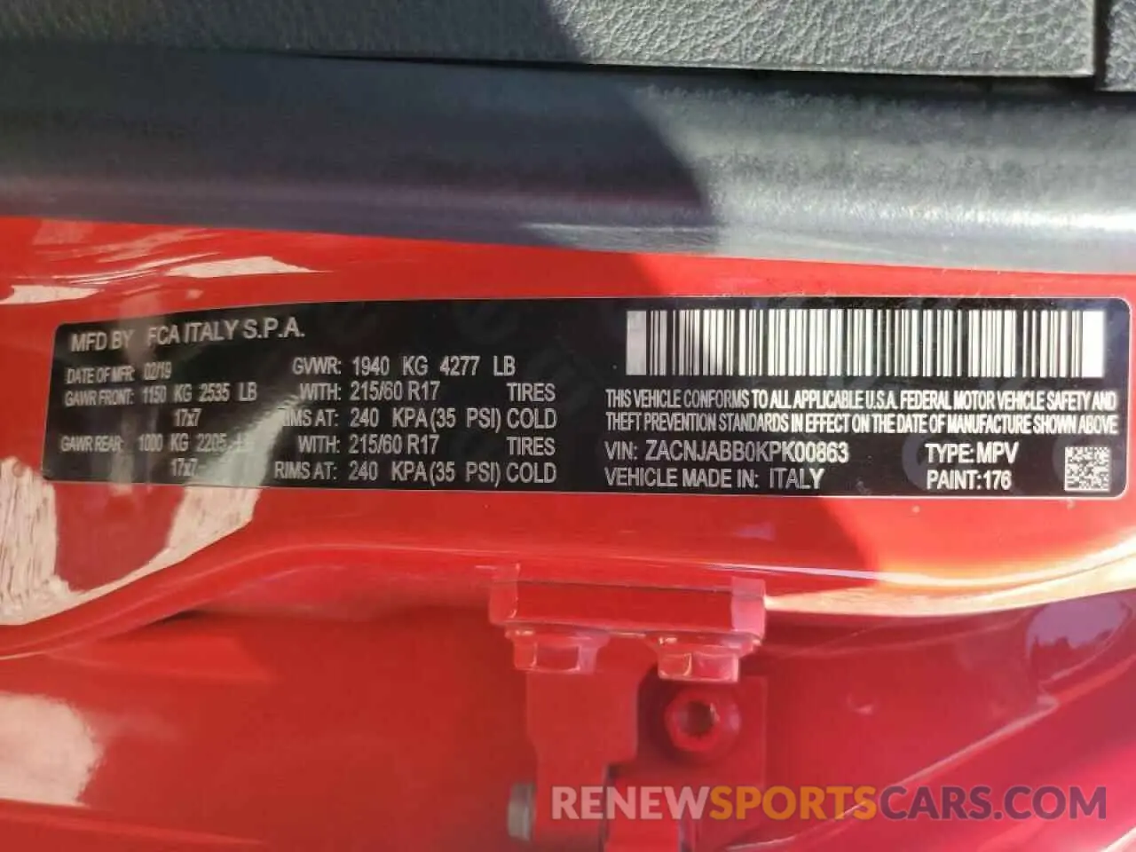 13 fotografías del automóvil dañado ZACNJABB0KPK00863 JEEP RENEGADE 2019