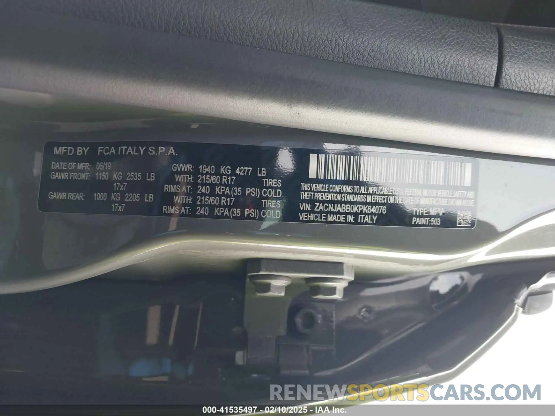9 fotografías del automóvil dañado ZACNJABB0KPK64076 JEEP RENEGADE 2019