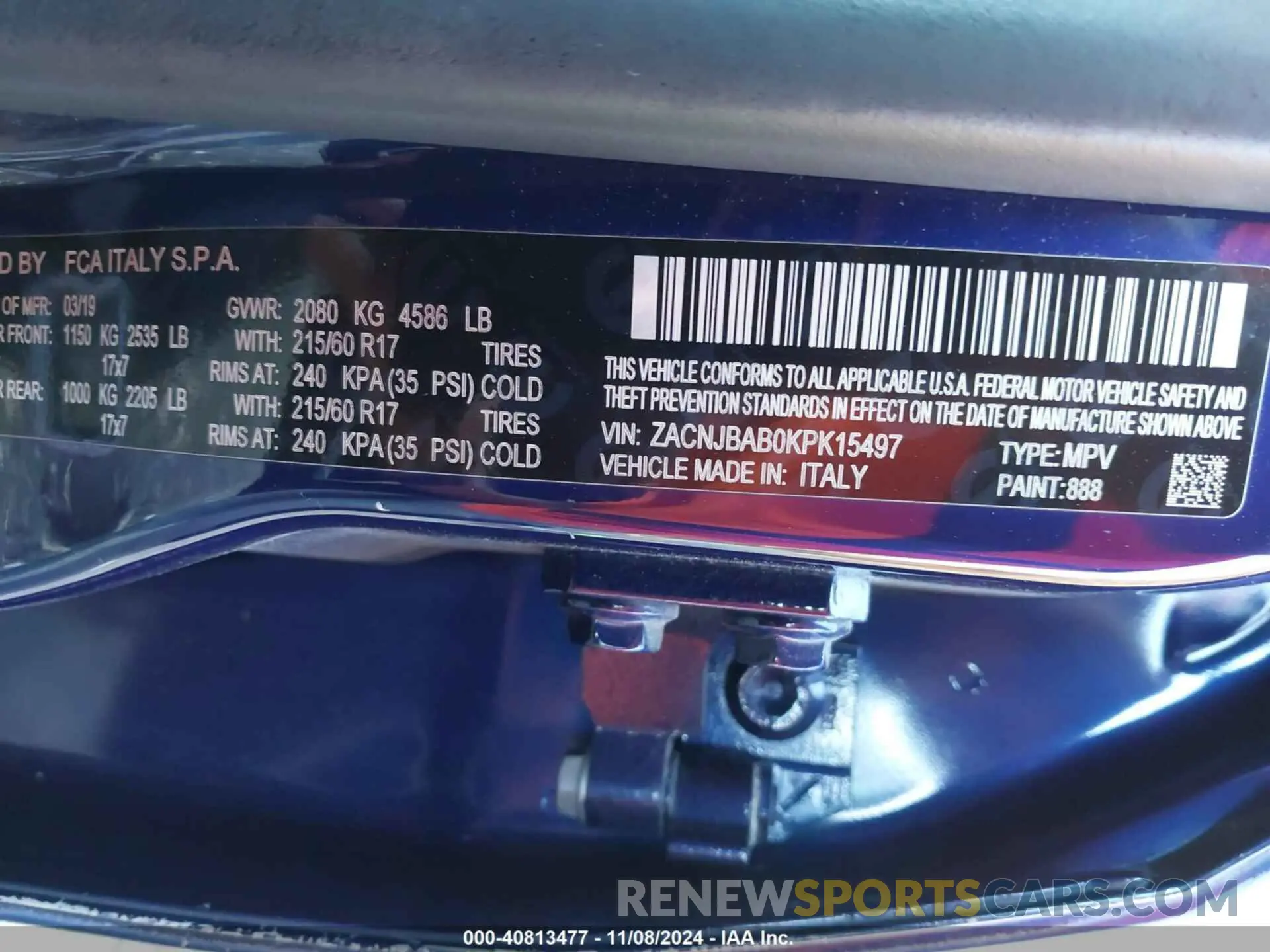 9 fotografías del automóvil dañado ZACNJBAB0KPK15497 JEEP RENEGADE 2019