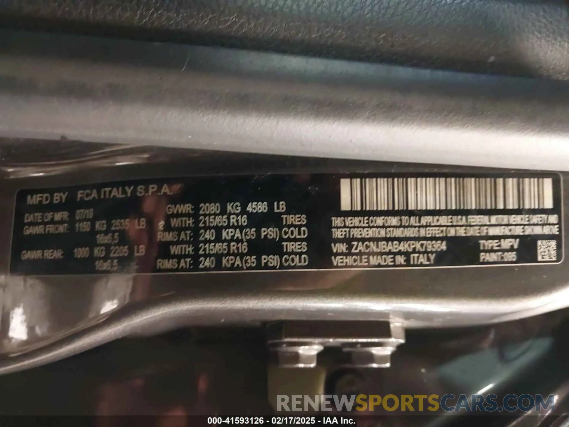 9 fotografías del automóvil dañado ZACNJBAB4KPK79364 JEEP RENEGADE 2019
