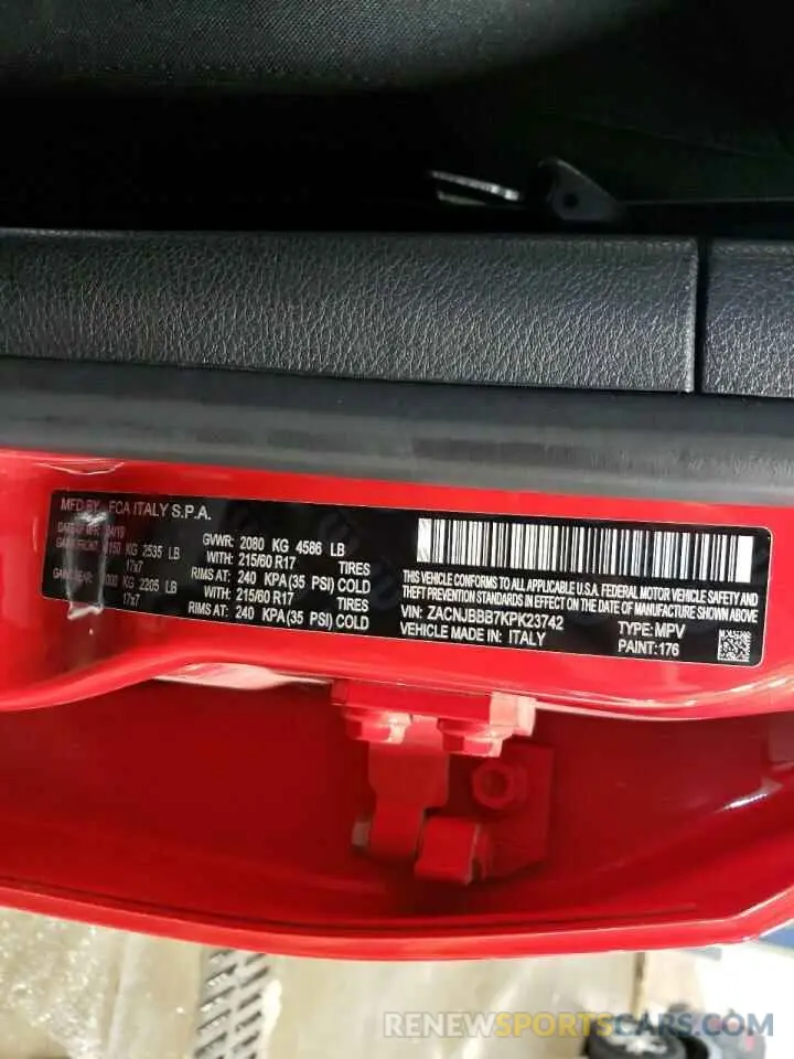 13 fotografías del automóvil dañado ZACNJBBB7KPK23742 JEEP RENEGADE 2019