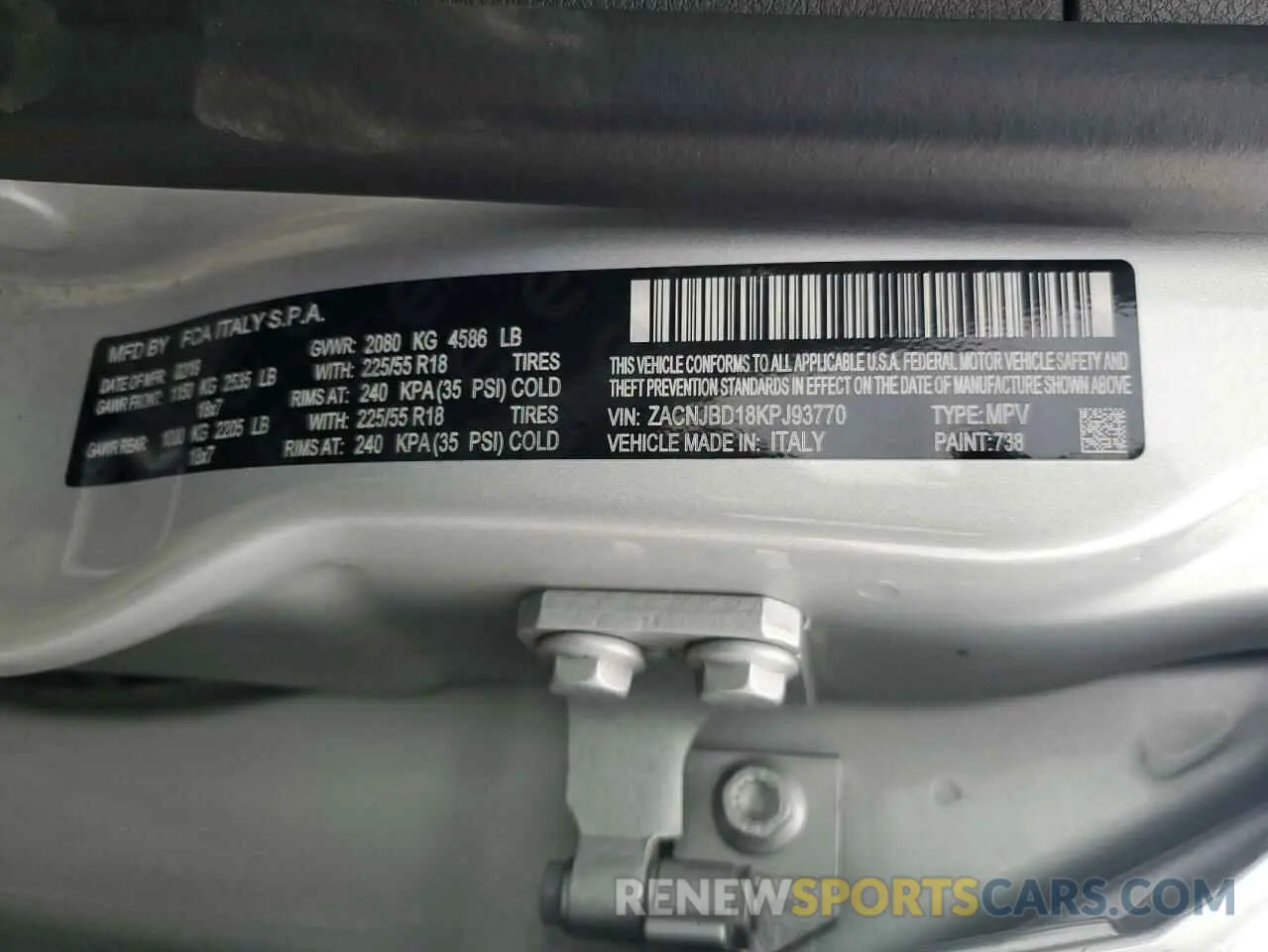 15 fotografías del automóvil dañado ZACNJBD18KPJ93770 JEEP RENEGADE 2019
