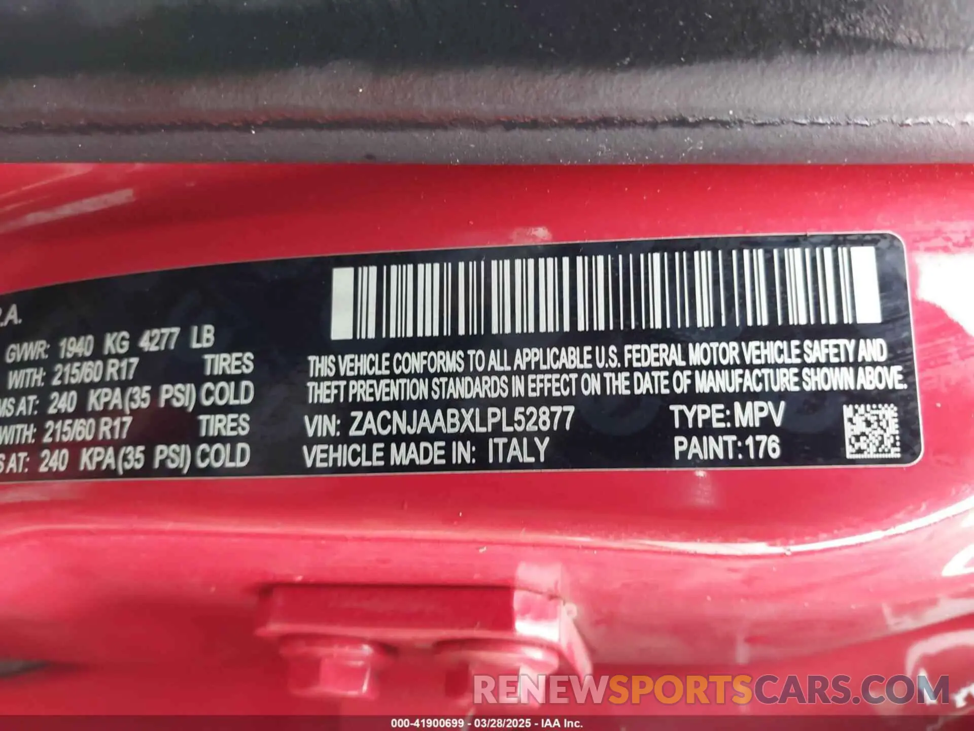 9 fotografías del automóvil dañado ZACNJAABXLPL52877 JEEP RENEGADE 2020