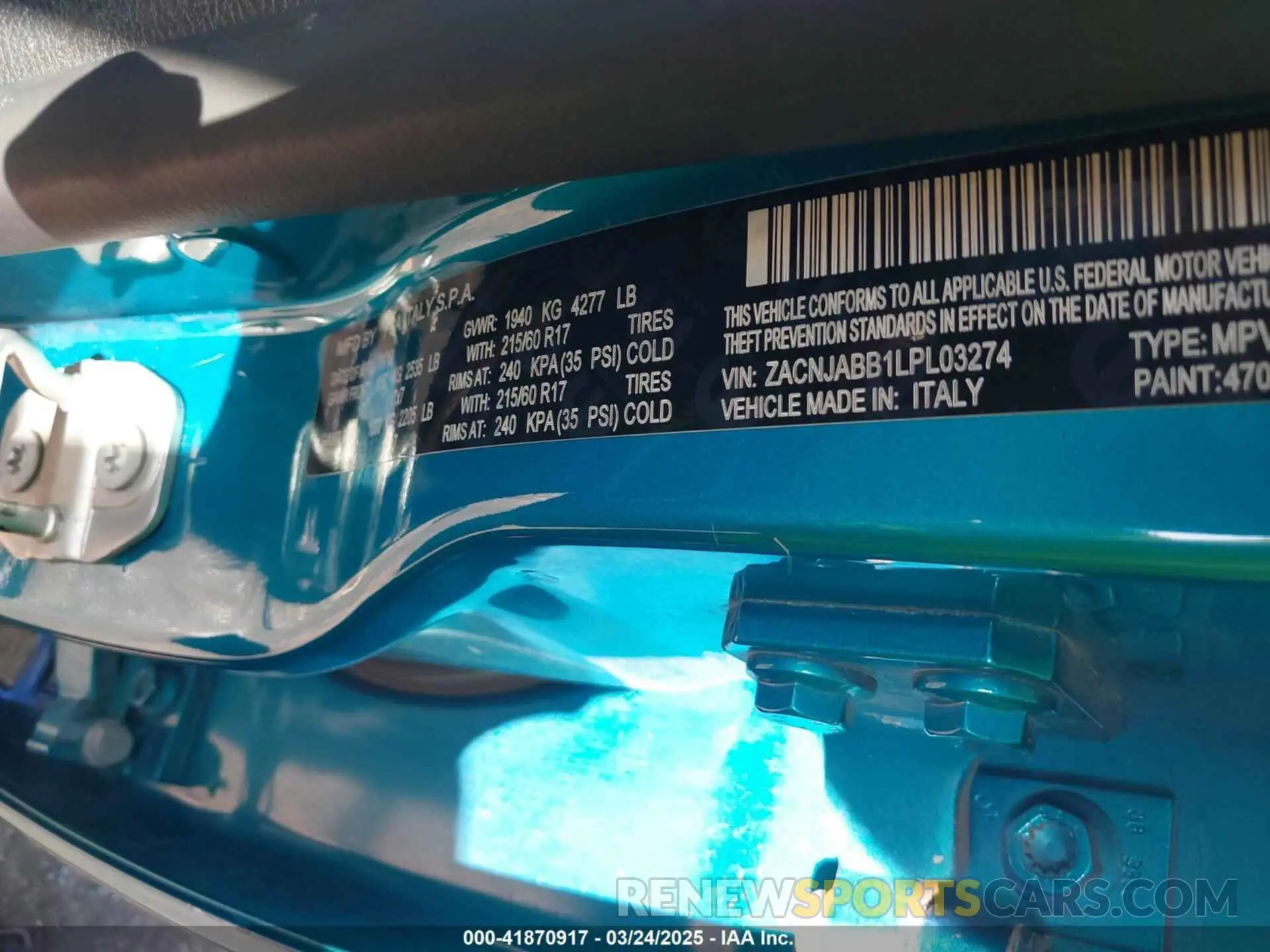 9 fotografías del automóvil dañado ZACNJABB1LPL03274 JEEP RENEGADE 2020