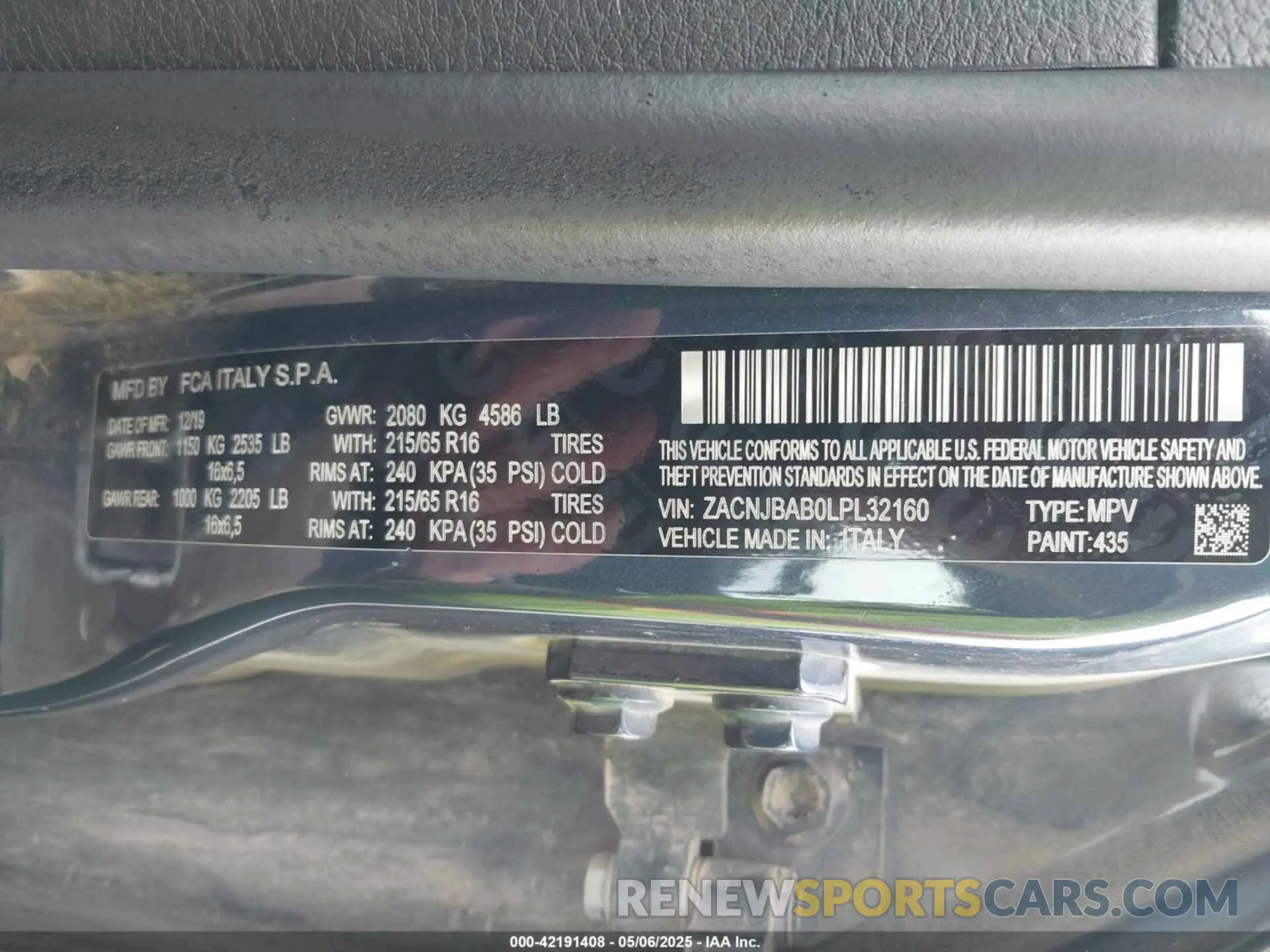 9 fotografías del automóvil dañado ZACNJBAB0LPL32160 JEEP RENEGADE 2020