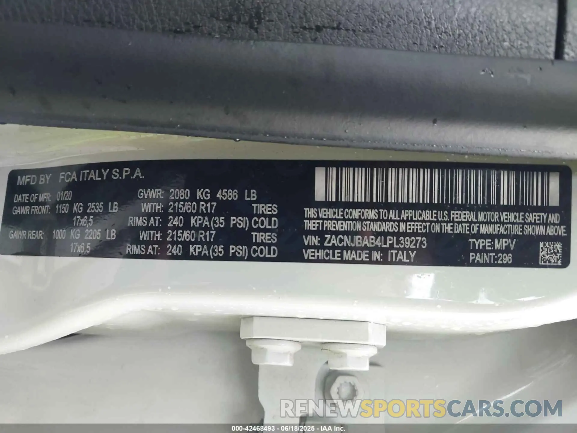 9 fotografías del automóvil dañado ZACNJBAB4LPL39273 JEEP RENEGADE 2020