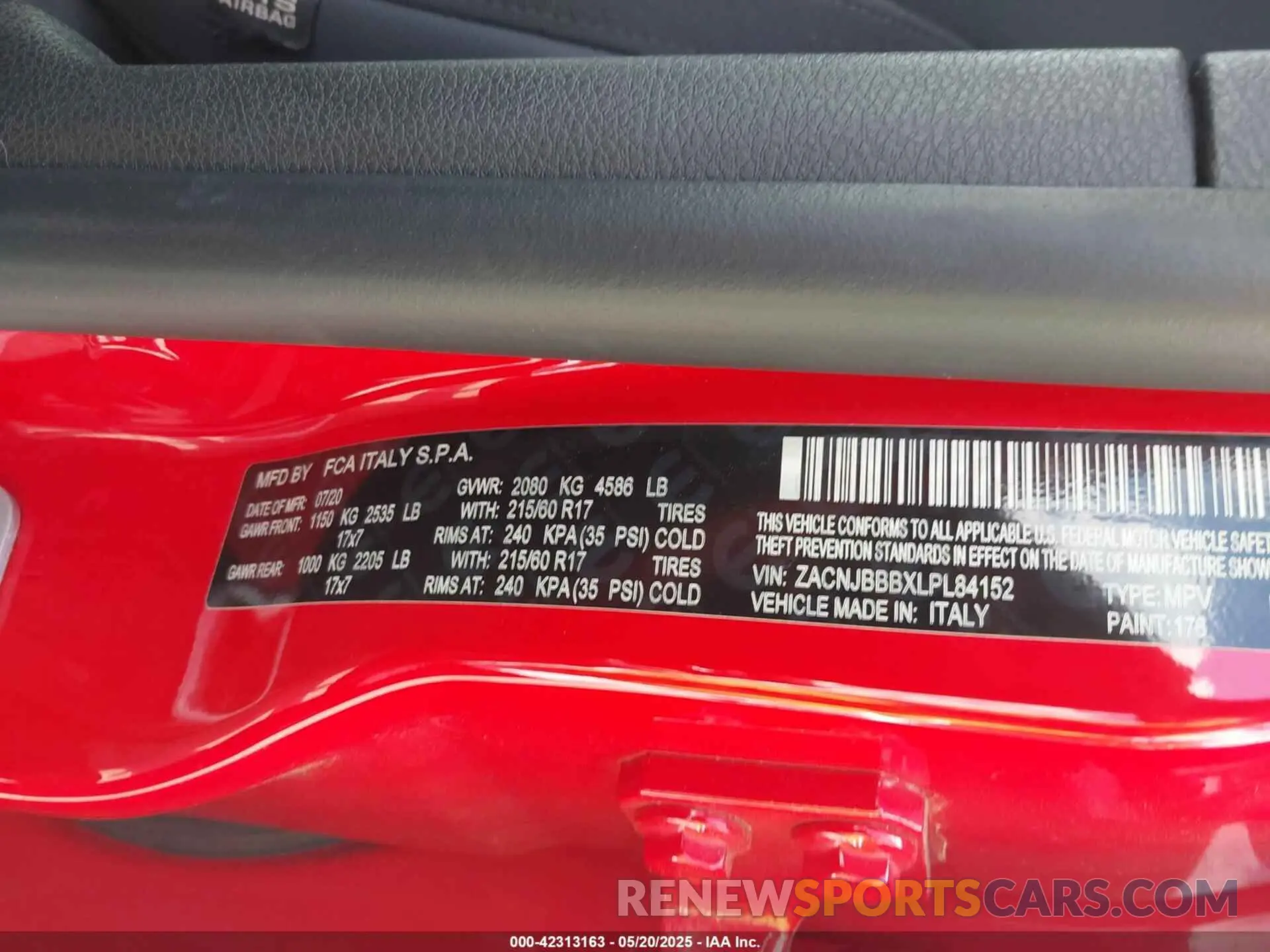 9 fotografías del automóvil dañado ZACNJBBBXLPL84152 JEEP RENEGADE 2020