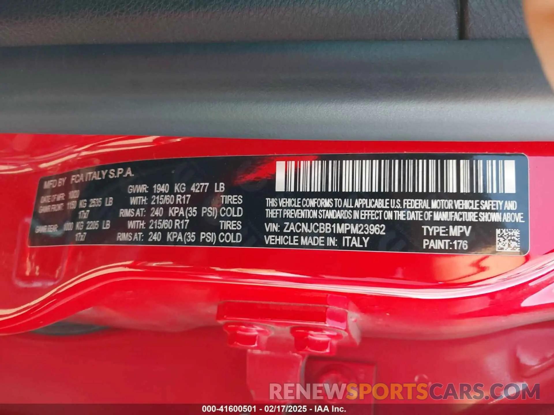 9 fotografías del automóvil dañado ZACNJCBB1MPM23962 JEEP RENEGADE 2021