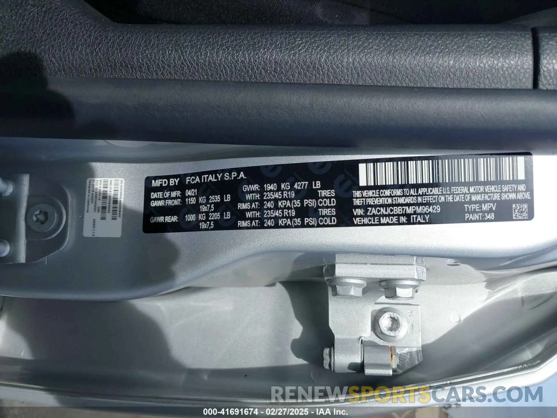 8 fotografías del automóvil dañado ZACNJCBB7MPM96429 JEEP RENEGADE 2021
