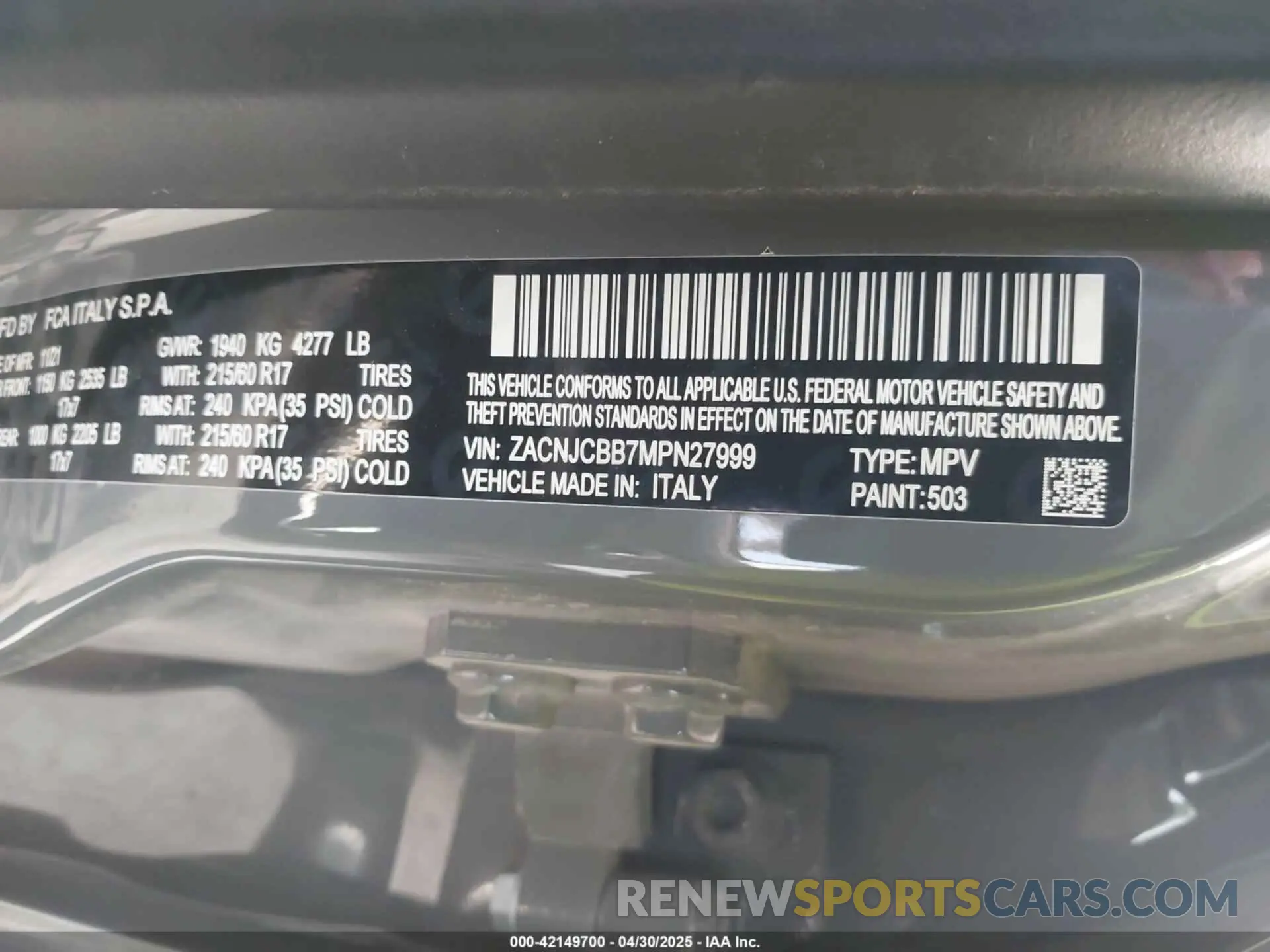 9 fotografías del automóvil dañado ZACNJCBB7MPN27999 JEEP RENEGADE 2021