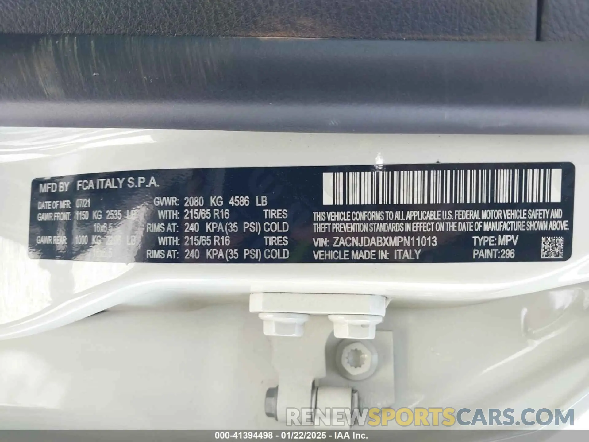 9 fotografías del automóvil dañado ZACNJDABXMPN11013 JEEP RENEGADE 2021