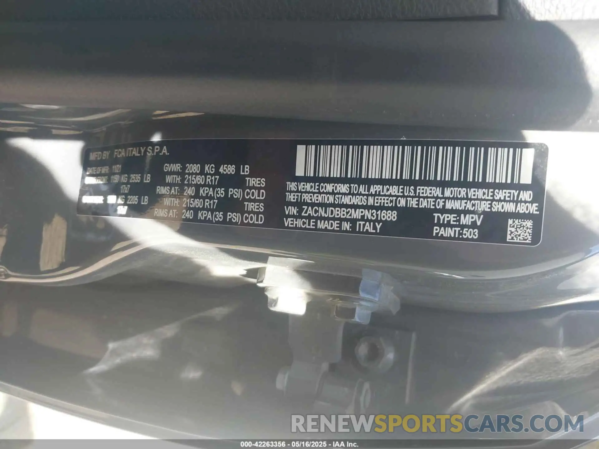 9 fotografías del automóvil dañado ZACNJDBB2MPN31688 JEEP RENEGADE 2021