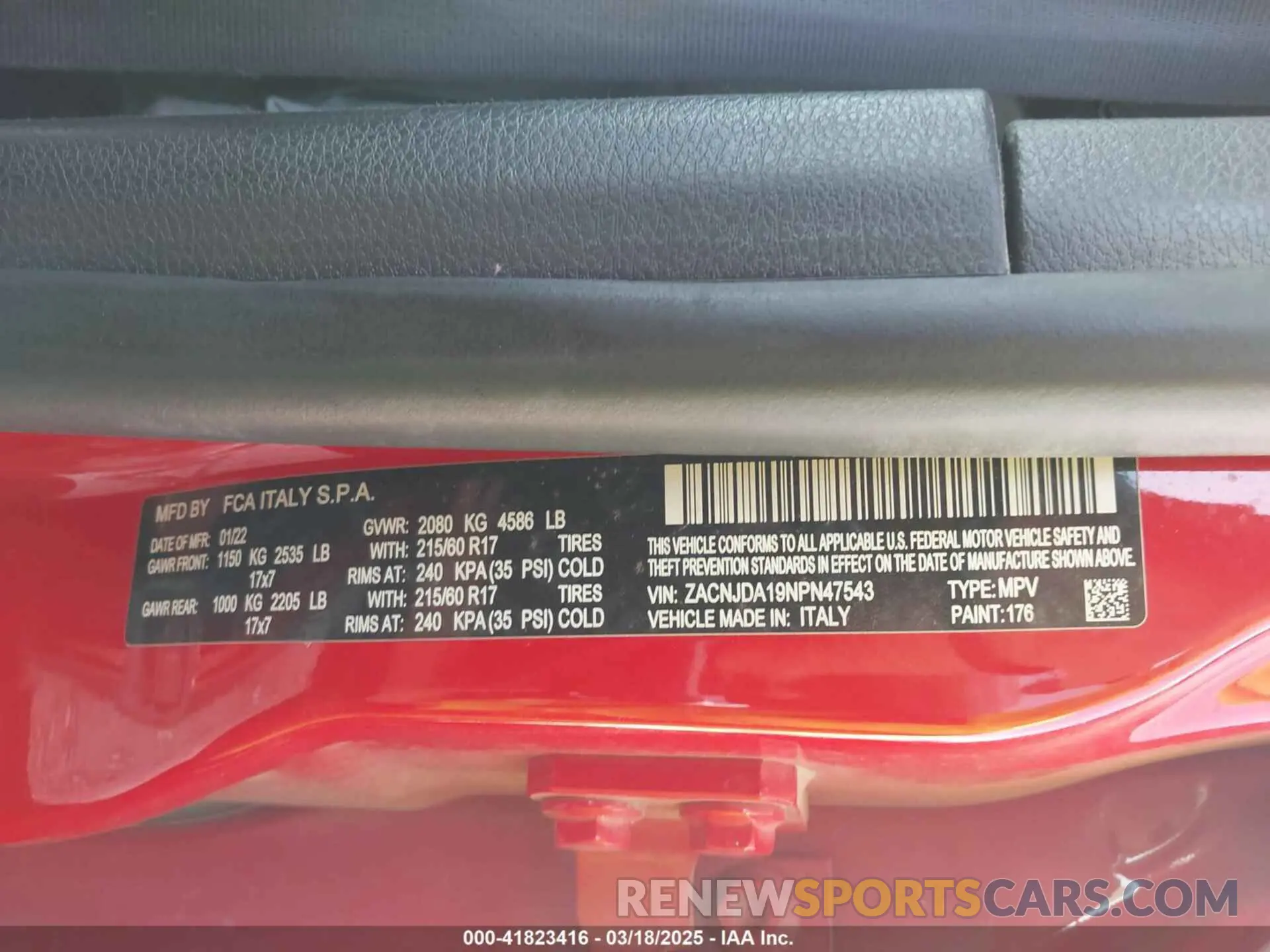 9 fotografías del automóvil dañado ZACNJDA19NPN47543 JEEP RENEGADE 2022
