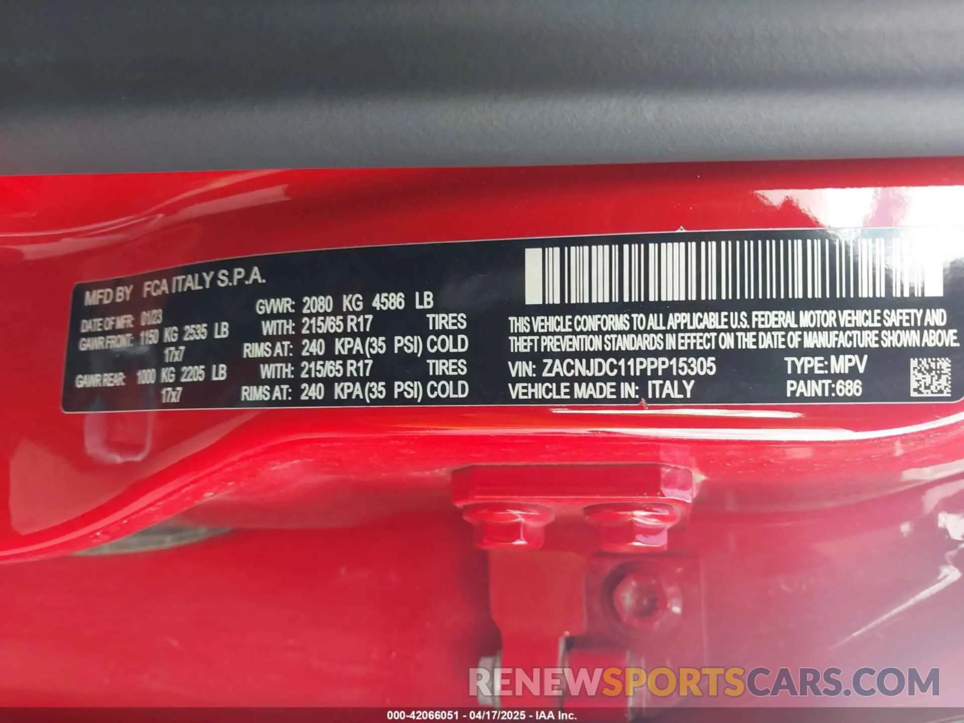 9 fotografías del automóvil dañado ZACNJDC11PPP15305 JEEP RENEGADE 2023