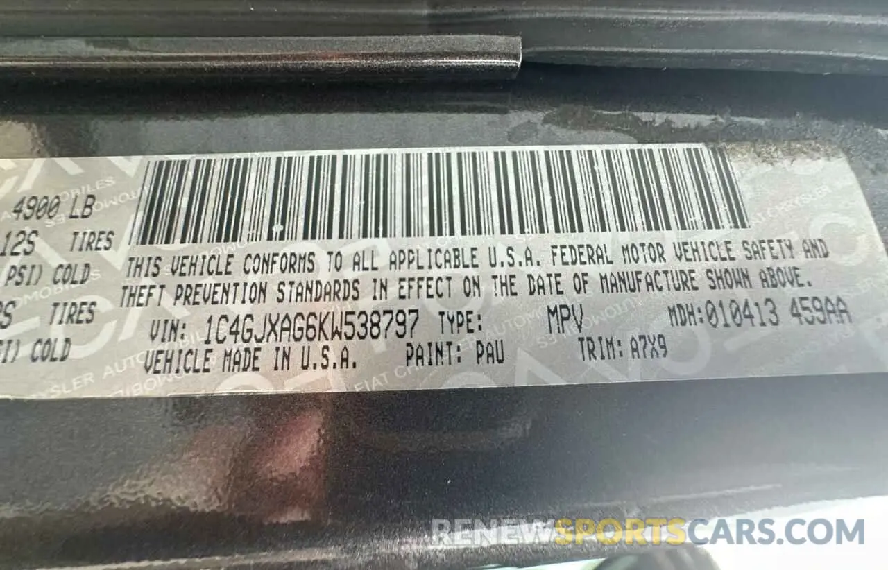 10 fotografías del automóvil dañado 1C4GJXAG6KW538797 JEEP WRANGLER 2019