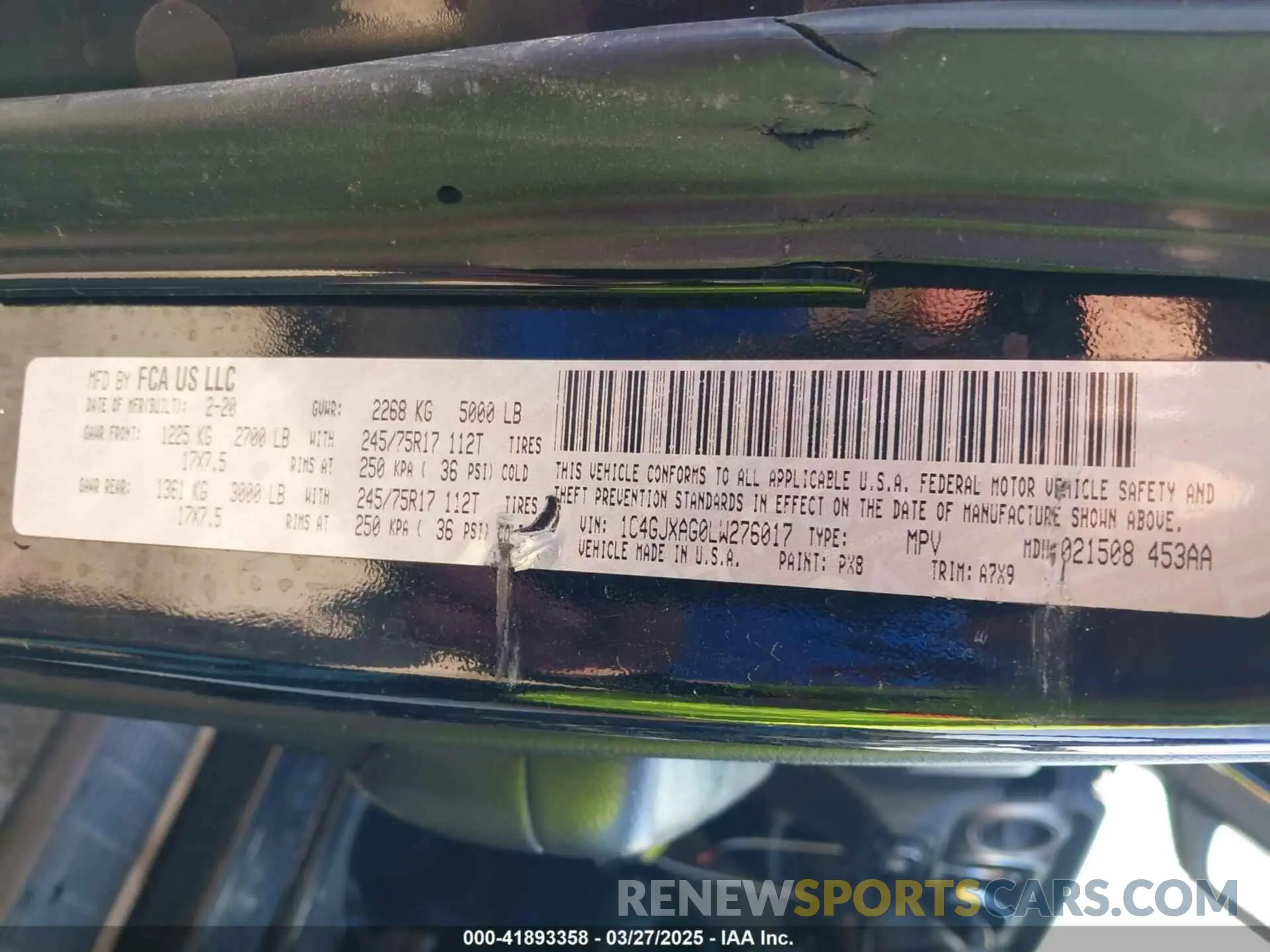 9 fotografías del automóvil dañado 1C4GJXAG0LW276017 JEEP WRANGLER 2020