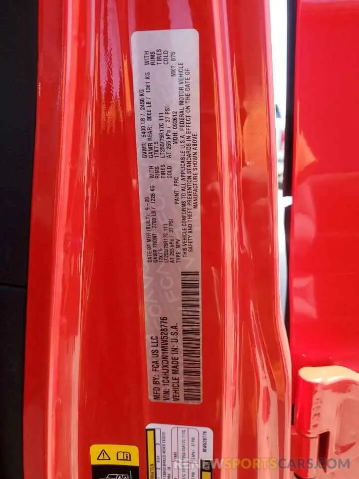 12 fotografías del automóvil dañado 1C4HJXDN1MW528776 JEEP WRANGLER 2021