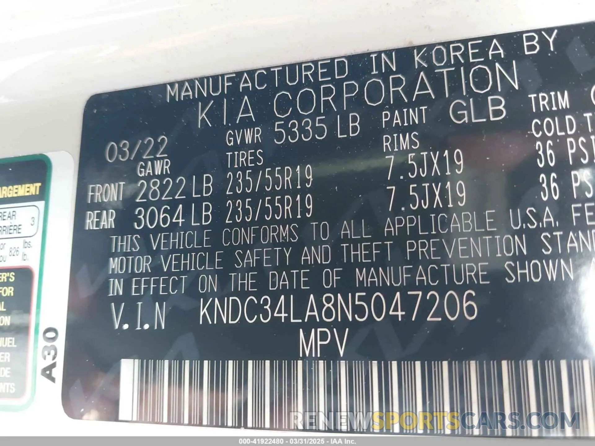 9 fotografías del automóvil dañado KNDC34LA8N5047206 KIA EV6 2022