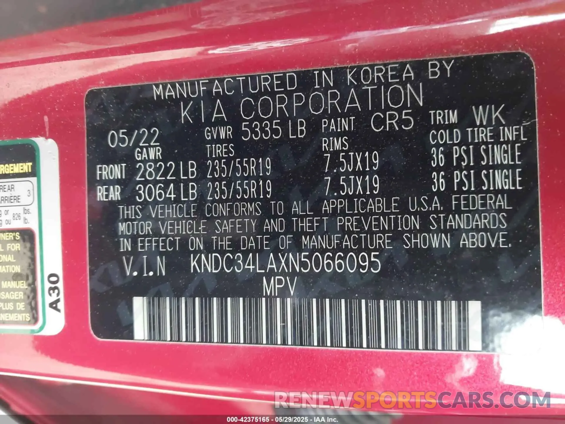 9 fotografías del automóvil dañado KNDC34LAXN5066095 KIA EV6 2022