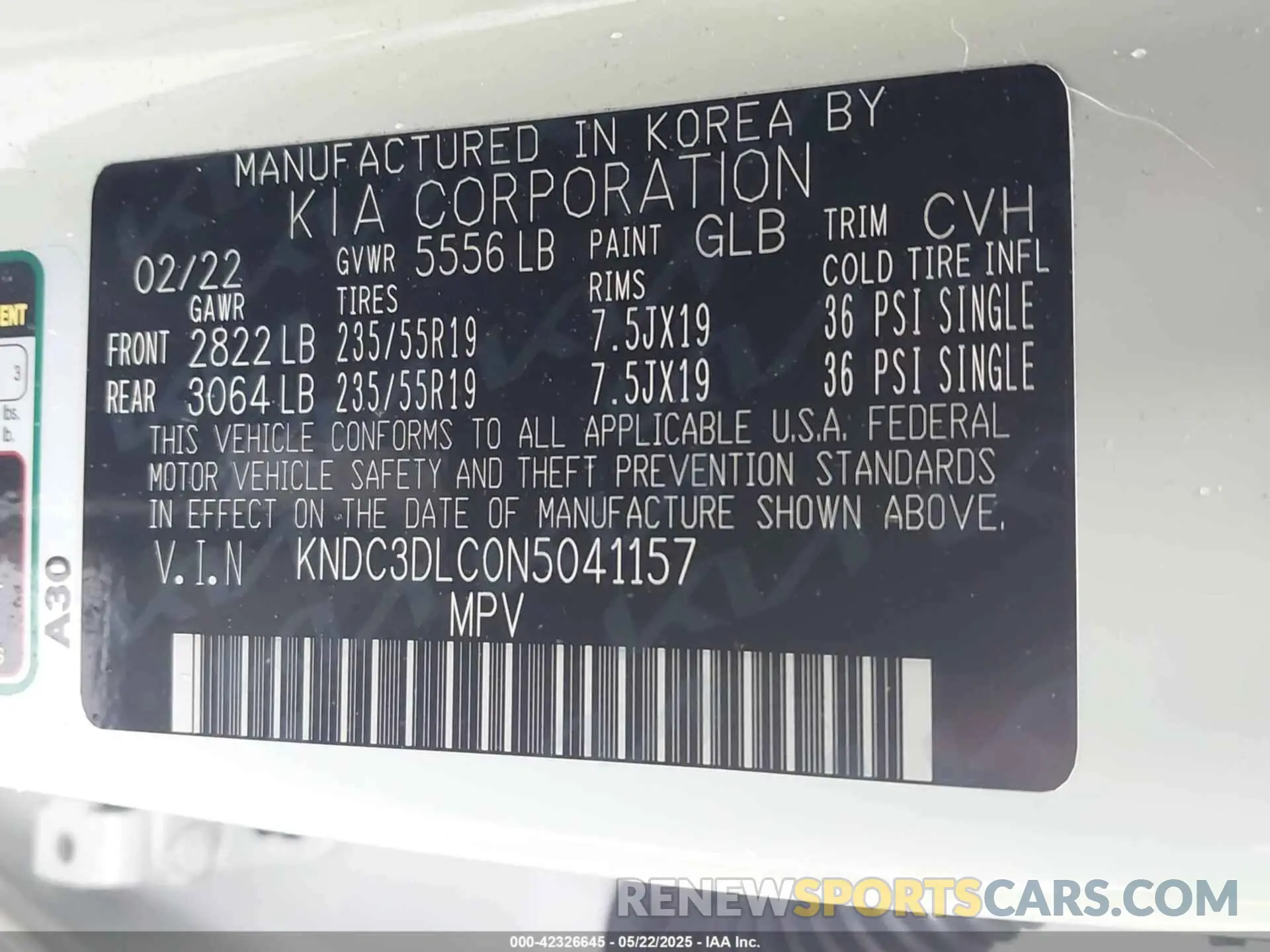 9 fotografías del automóvil dañado KNDC3DLC0N5041157 KIA EV6 2022