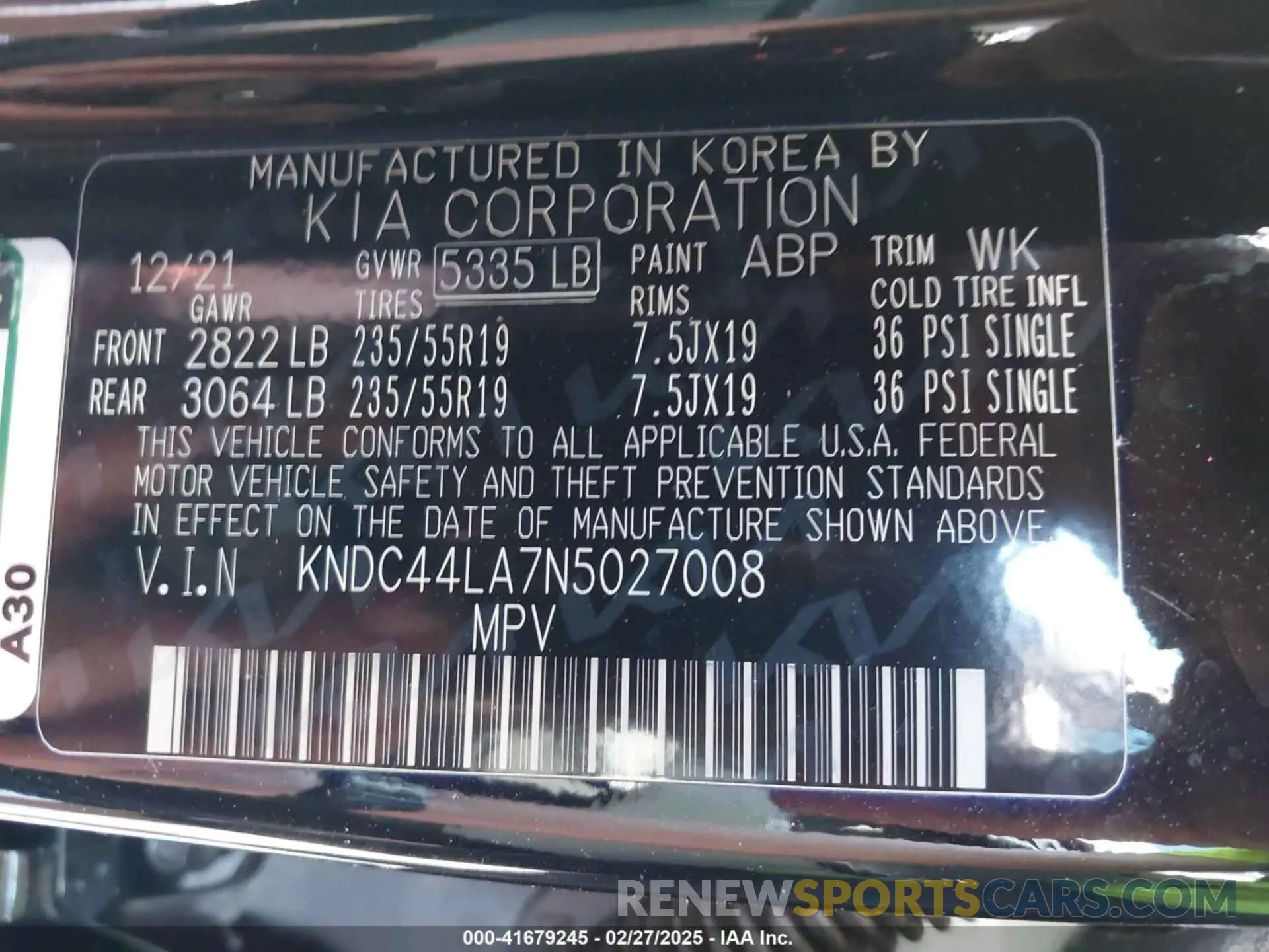 9 fotografías del automóvil dañado KNDC44LA7N5027008 KIA EV6 2022