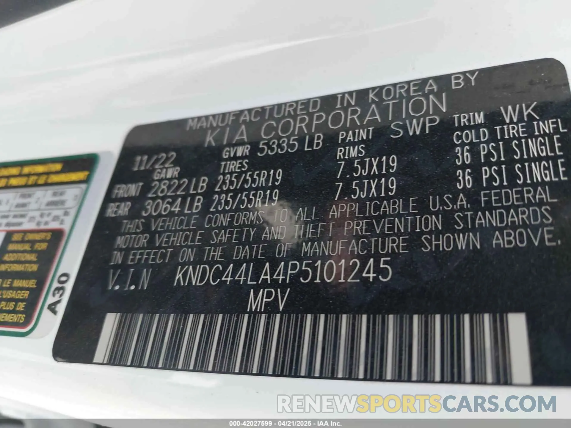 9 fotografías del automóvil dañado KNDC44LA4P5101245 KIA EV6 2023