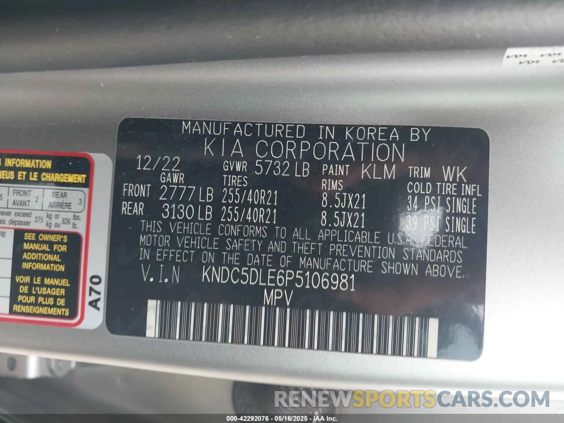 9 fotografías del automóvil dañado KNDC5DLE6P5106981 KIA EV6 2023