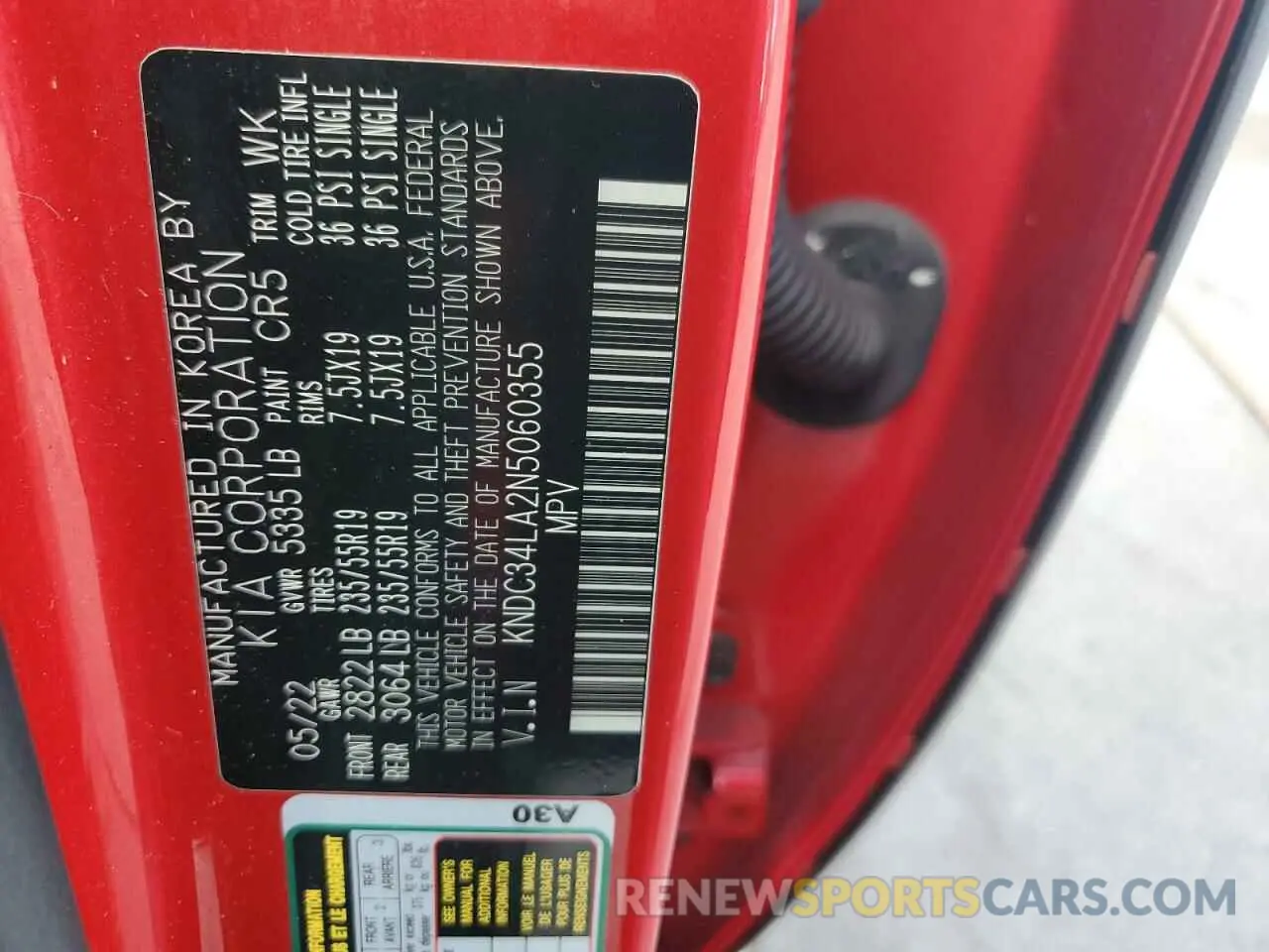 12 fotografías del automóvil dañado KNDC34LA2N5060355 KIA EV6 LIGHT 2022