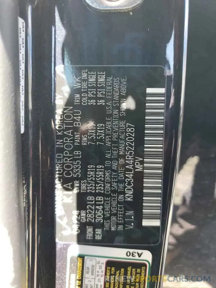 15 fotografías del automóvil dañado KNDC34LA4R5220287 KIA EV6 LIGHT 2024