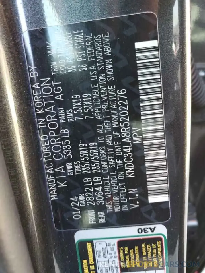 12 fotografías del automóvil dañado KNDC34LA8R5202276 KIA EV6 LIGHT 2024