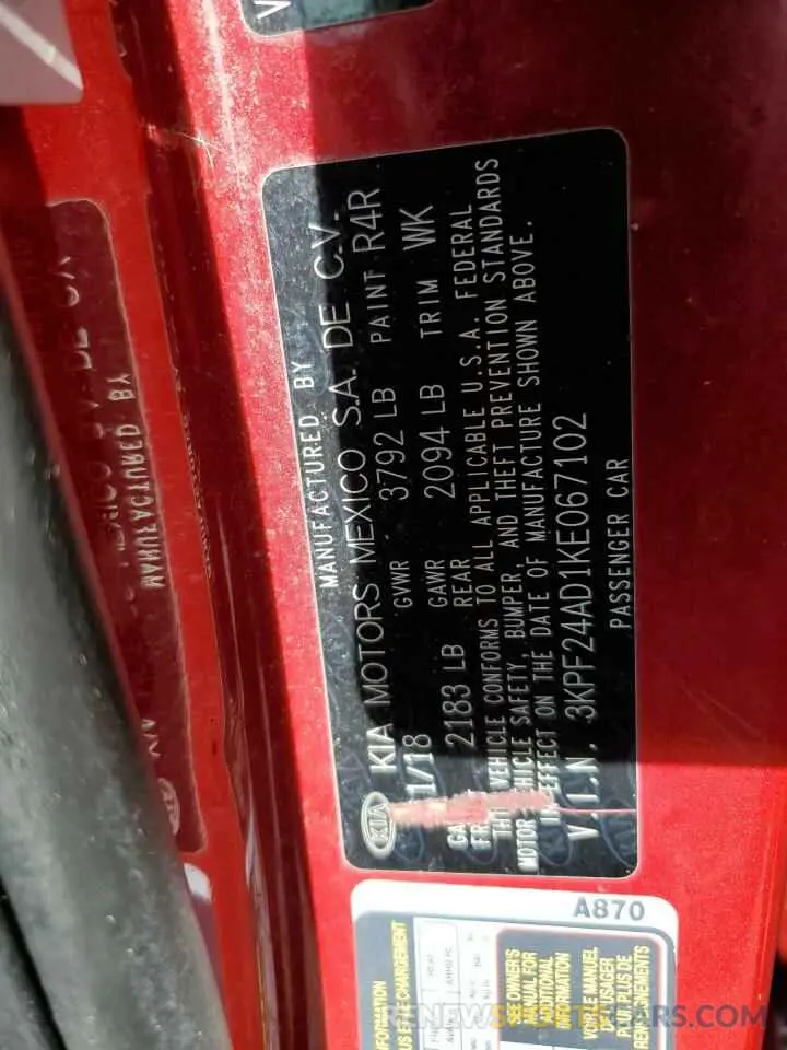 15 fotografías del automóvil dañado 3KPF24AD1KE067102 KIA FORTE 2019