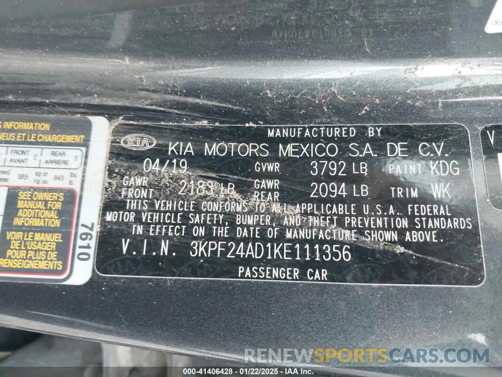 9 fotografías del automóvil dañado 3KPF24AD1KE111356 KIA FORTE 2019