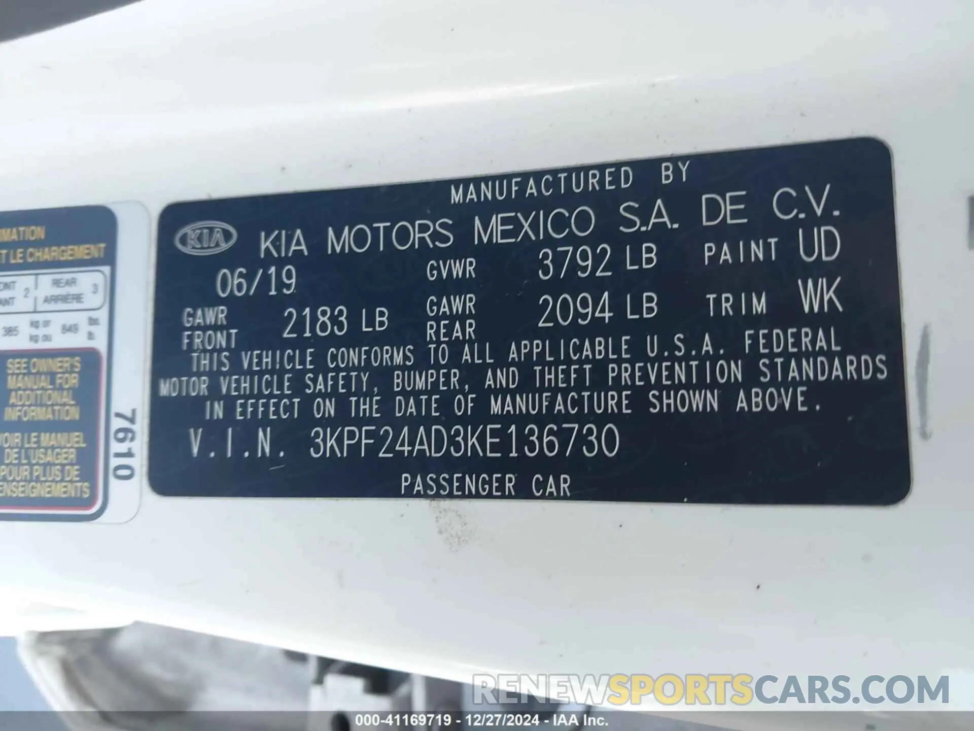 9 fotografías del automóvil dañado 3KPF24AD3KE136730 KIA FORTE 2019
