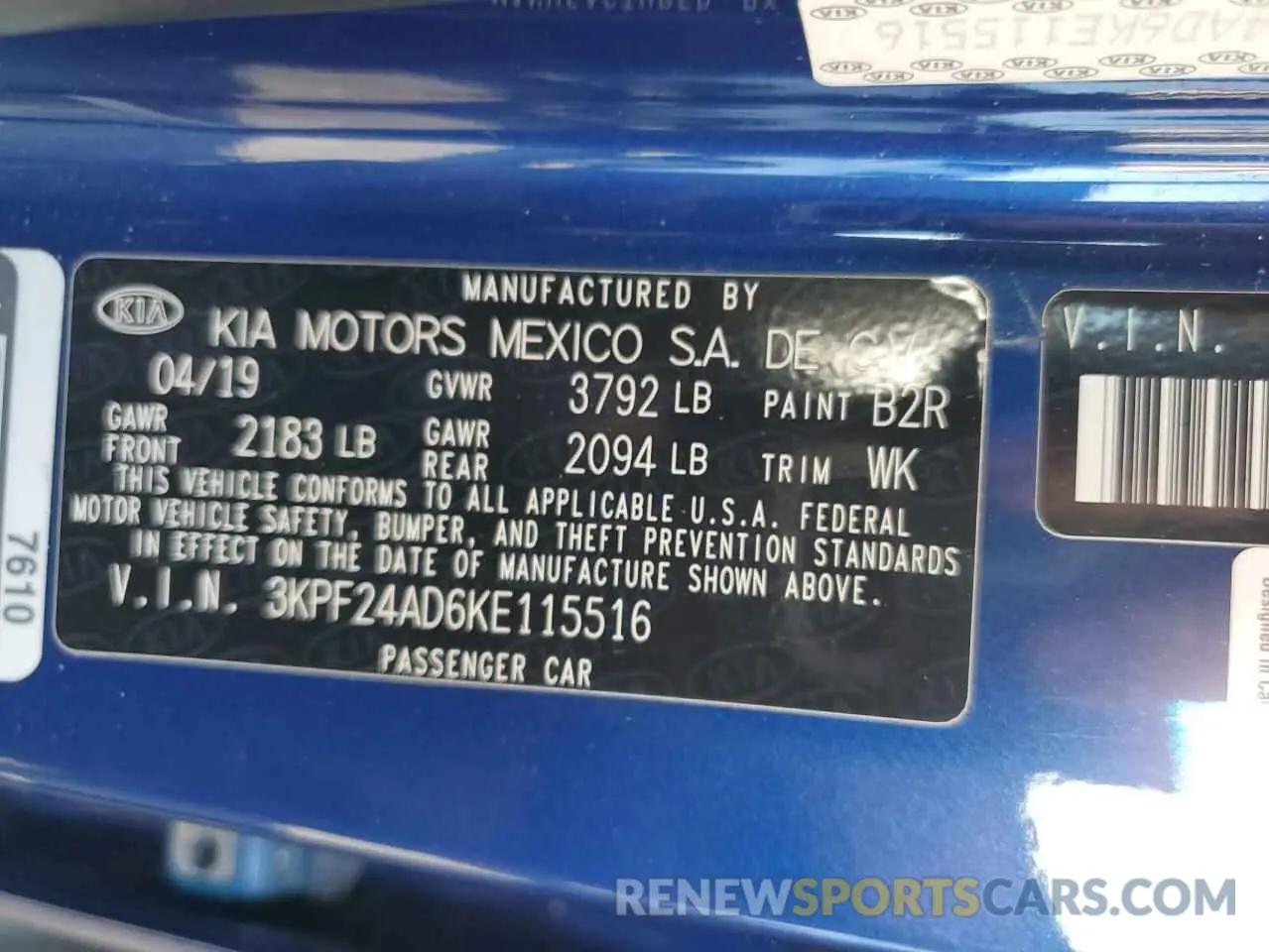 12 fotografías del automóvil dañado 3KPF24AD6KE115516 KIA FORTE 2019