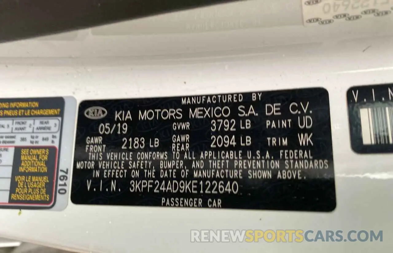 10 fotografías del automóvil dañado 3KPF24AD9KE122640 KIA FORTE 2019