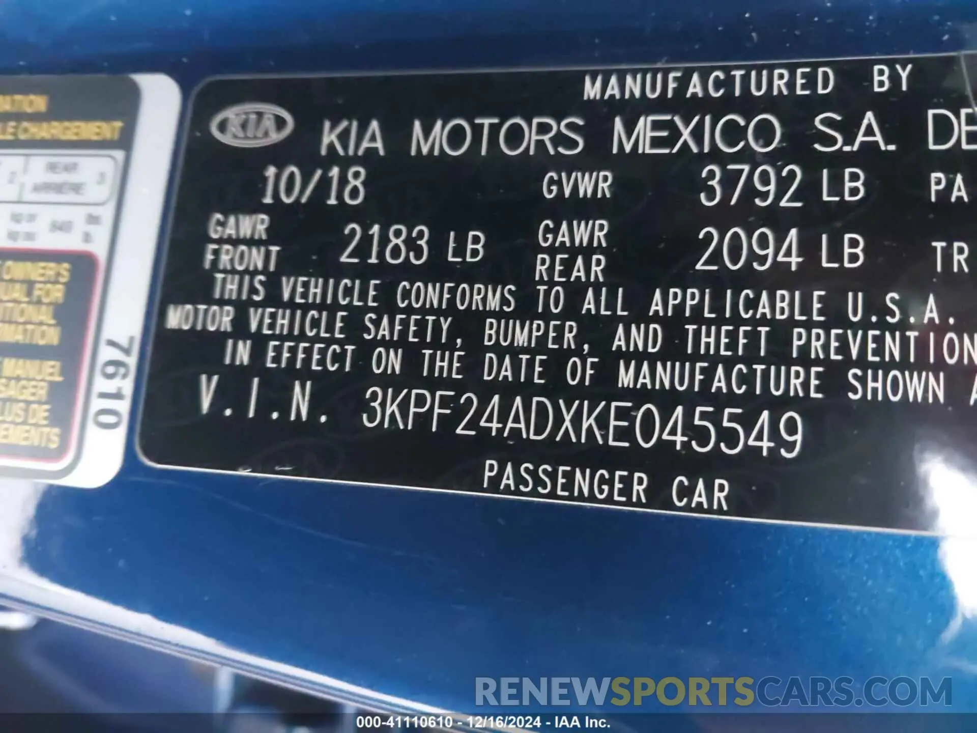 9 fotografías del automóvil dañado 3KPF24ADXKE045549 KIA FORTE 2019