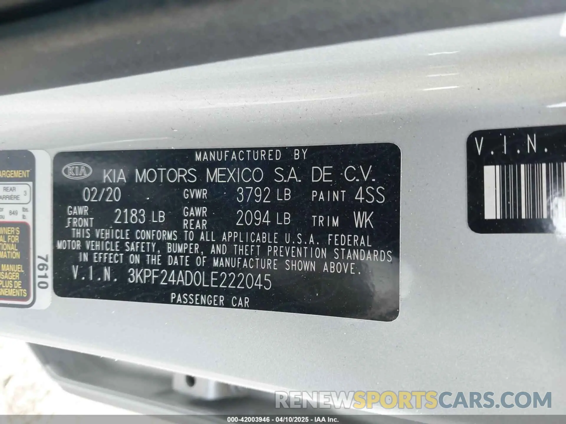 9 fotografías del automóvil dañado 3KPF24AD0LE222045 KIA FORTE 2020