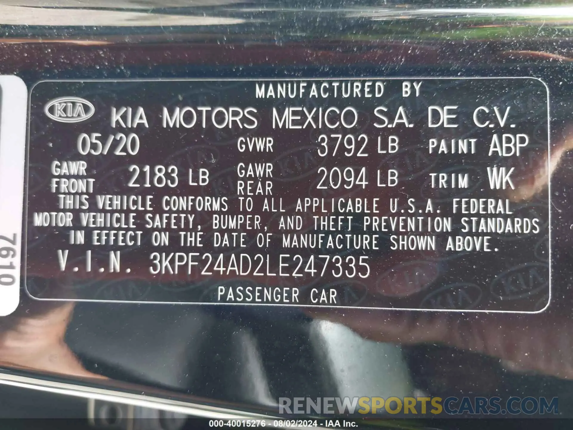 9 fotografías del automóvil dañado 3KPF24AD2LE247335 KIA FORTE 2020