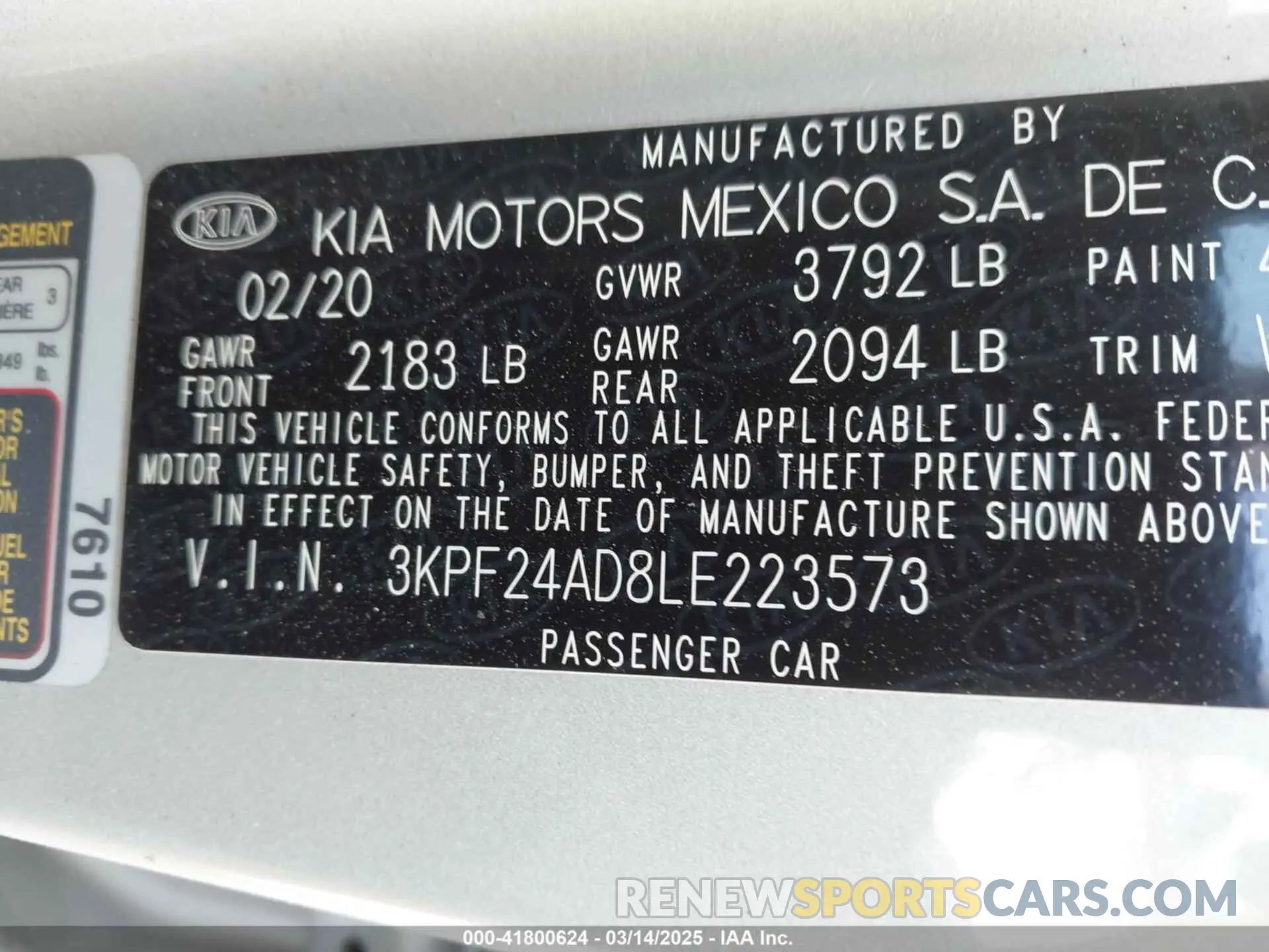 9 fotografías del automóvil dañado 3KPF24AD8LE223573 KIA FORTE 2020