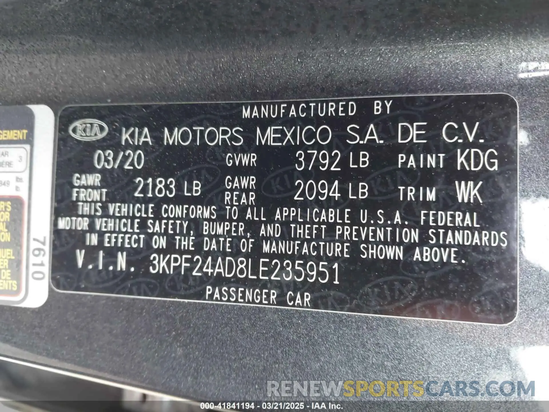 9 fotografías del automóvil dañado 3KPF24AD8LE235951 KIA FORTE 2020