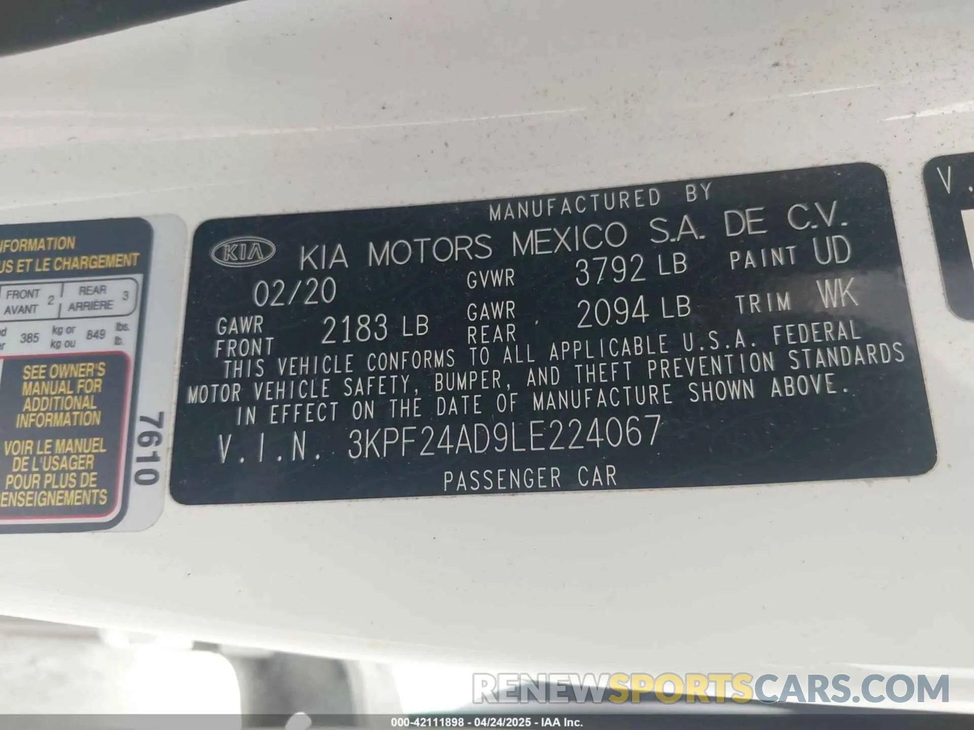 9 fotografías del automóvil dañado 3KPF24AD9LE224067 KIA FORTE 2020