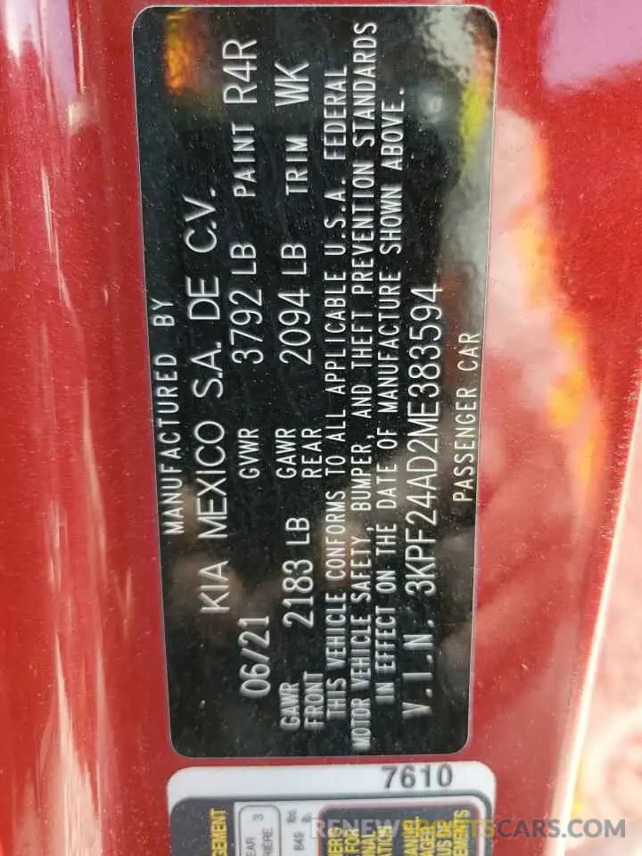 12 fotografías del automóvil dañado 3KPF24AD2ME383594 KIA FORTE 2021