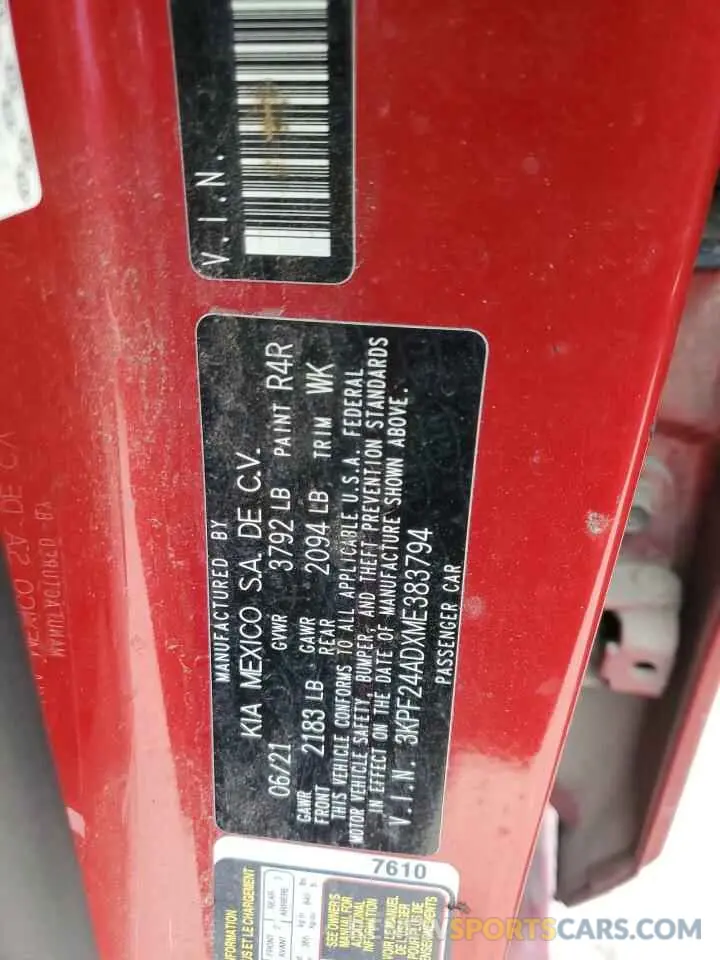 12 fotografías del automóvil dañado 3KPF24ADXME383794 KIA FORTE 2021