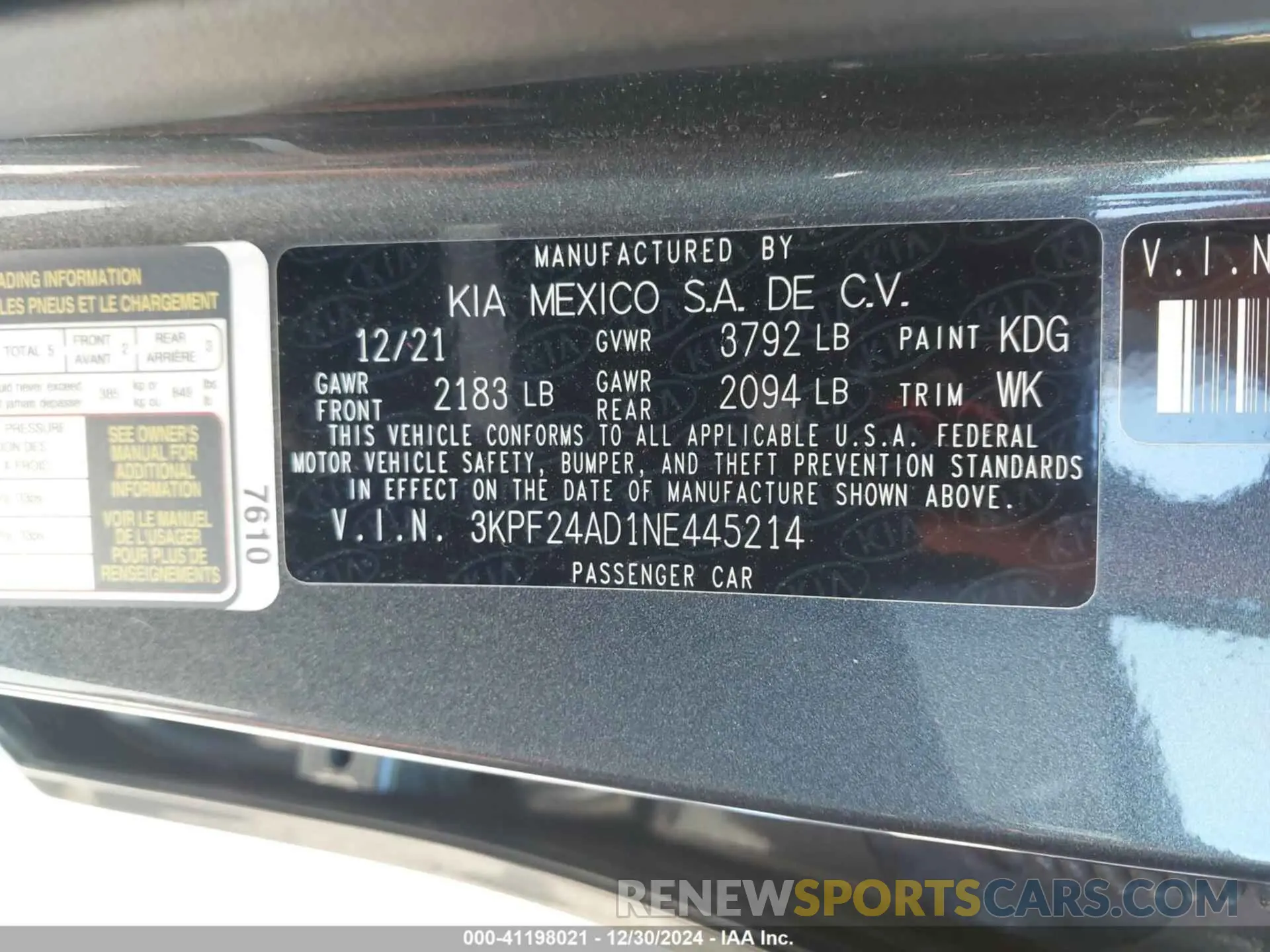 9 fotografías del automóvil dañado 3KPF24AD1NE445214 KIA FORTE 2022
