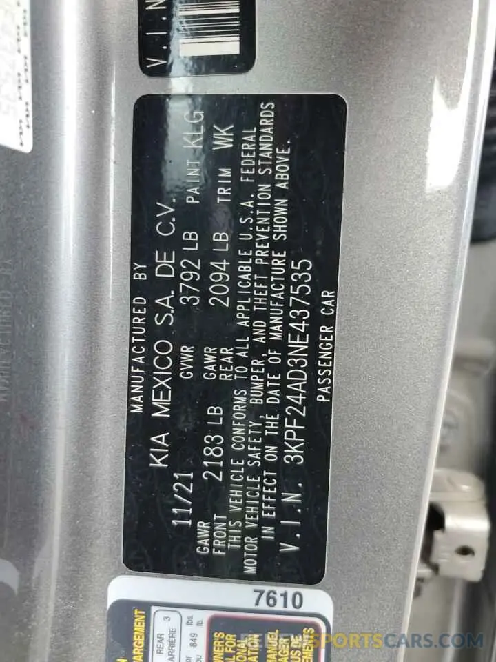 12 fotografías del automóvil dañado 3KPF24AD3NE437535 KIA FORTE 2022