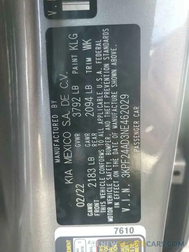 13 fotografías del automóvil dañado 3KPF24AD3NE462029 KIA FORTE 2022