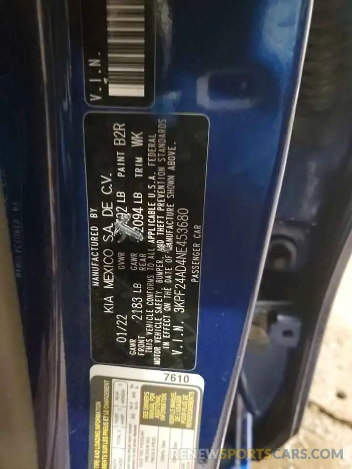 12 fotografías del automóvil dañado 3KPF24AD4NE453680 KIA FORTE 2022