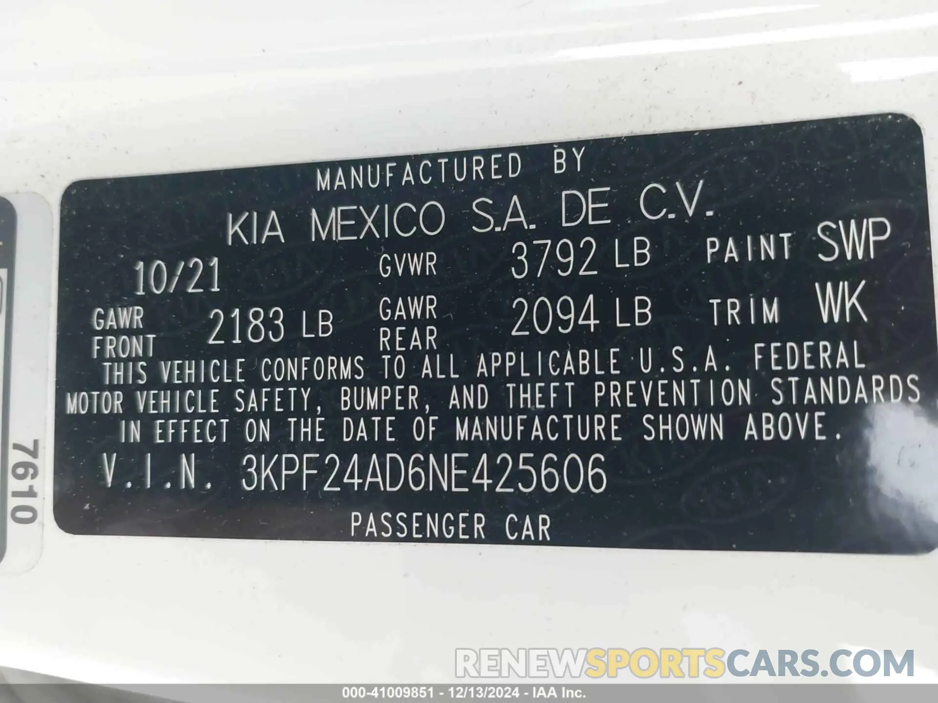 9 fotografías del automóvil dañado 3KPF24AD6NE425606 KIA FORTE 2022