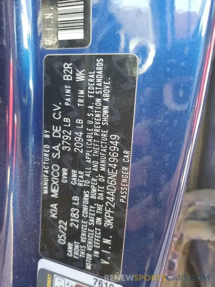 12 fotografías del automóvil dañado 3KPF24AD6NE496949 KIA FORTE 2022