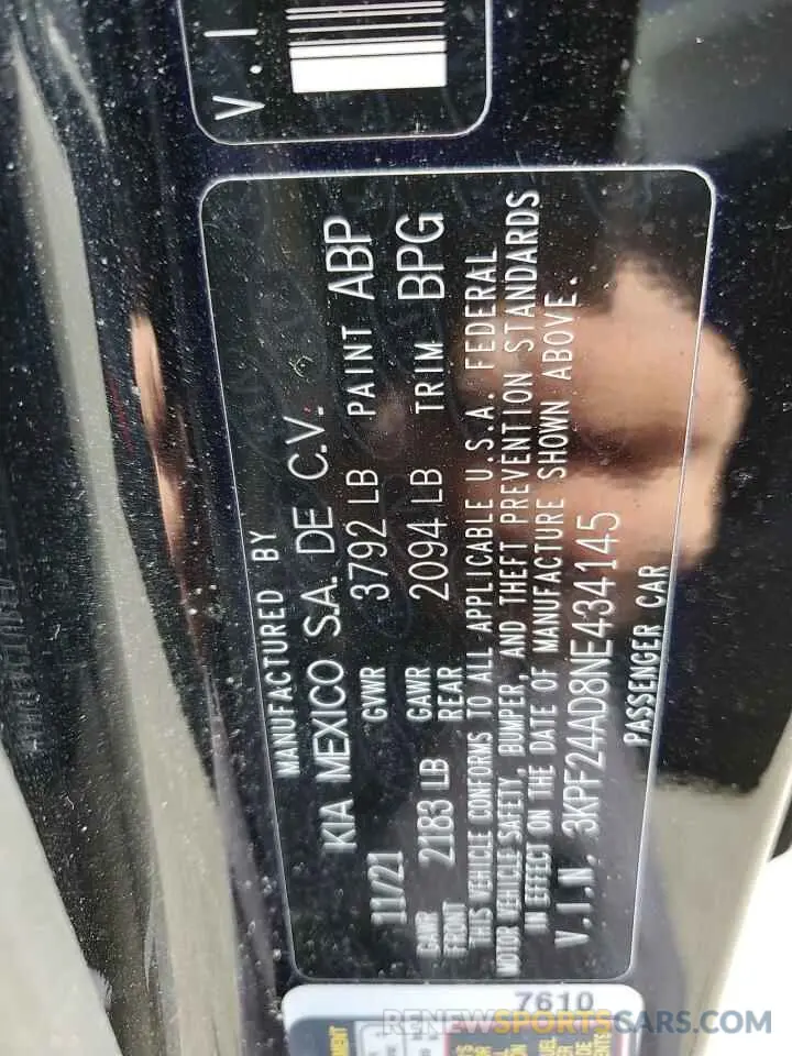 14 fotografías del automóvil dañado 3KPF24AD8NE434145 KIA FORTE 2022